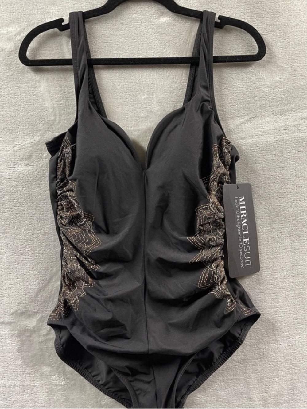 Miraclesuit Black One-Piece Swimsuit with Gold Lace illusion Side Panels - Picture 5 of 12